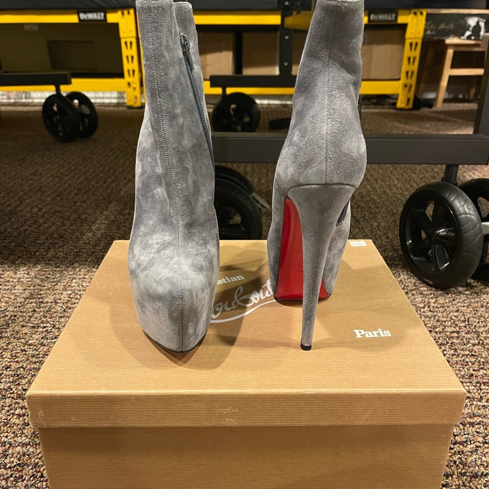 Christian Louboutin Gray Heeled Boots with Red Soles